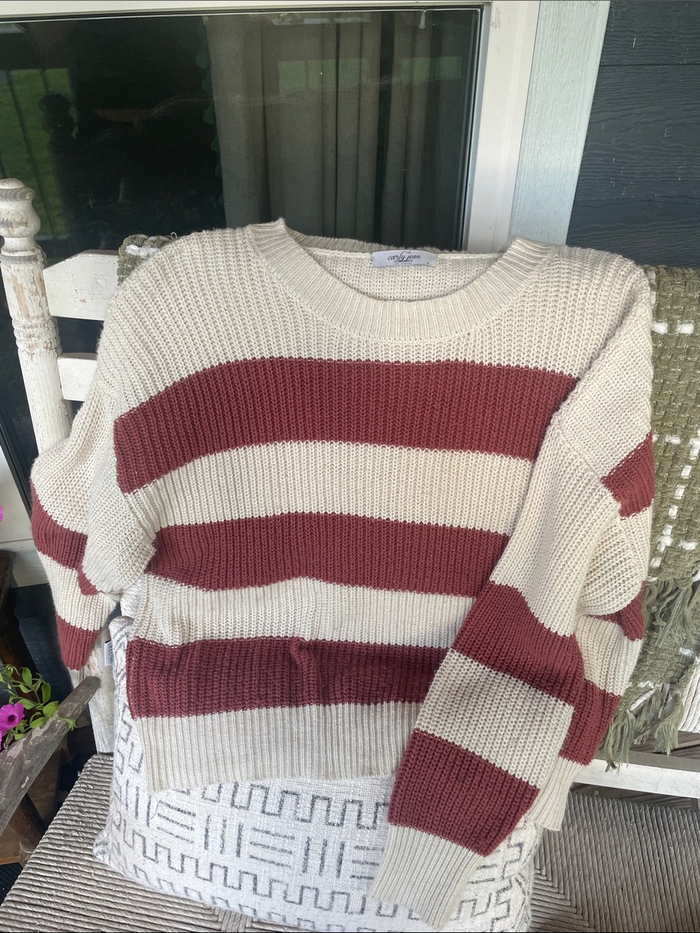 Cathy Jean Cream and Burgundy Striped Crewneck Sweater
